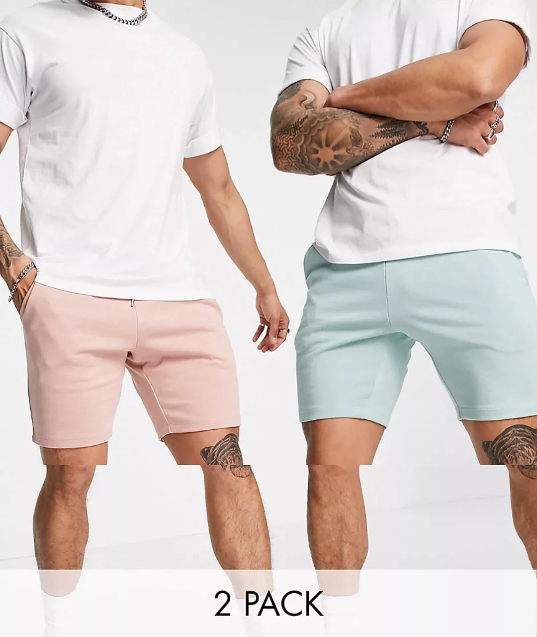 ASOS DESIGN – Eng geschnittene Jersey-Shorts aus Bio-Material in Grün/Rosa günstig online kaufen