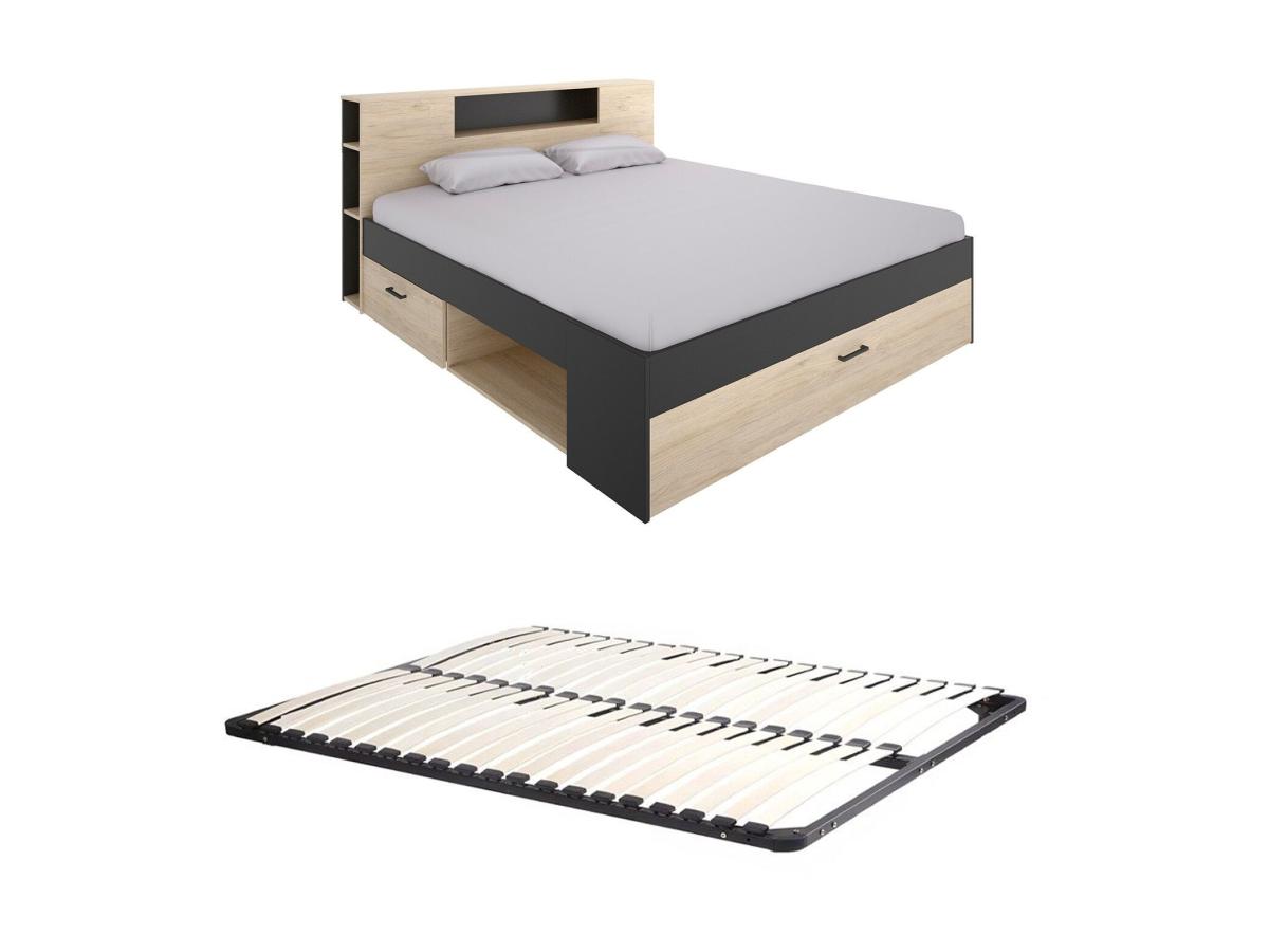Bett mit Kopfteil, Stauraum & Schubladen - 180 x 200 cm - Holzfarben & Anth günstig online kaufen
