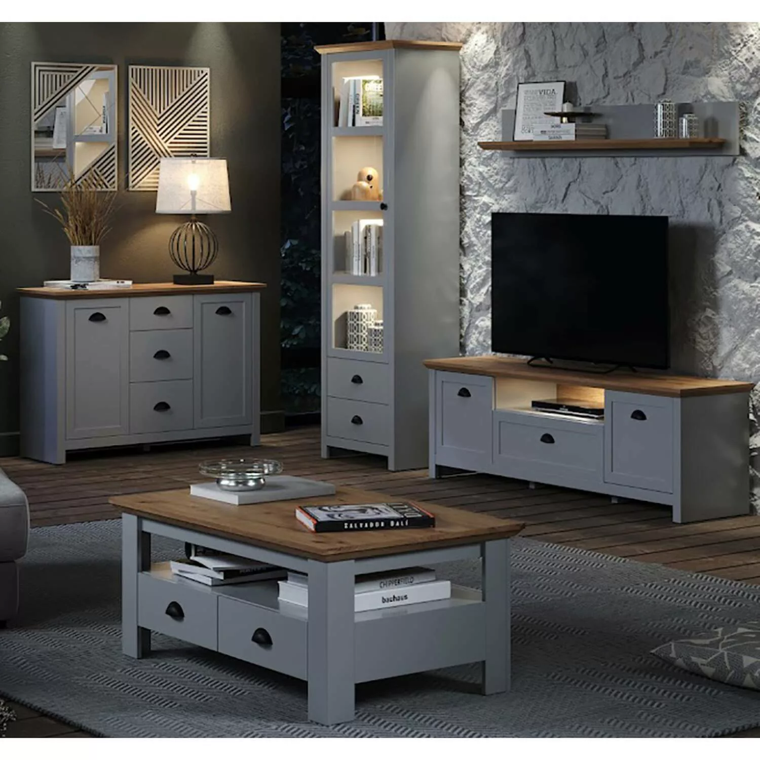 Wohnzimmer Set mit Unterbauspots in lichtgrau mit Artisan Eiche Nb. LICATA- günstig online kaufen