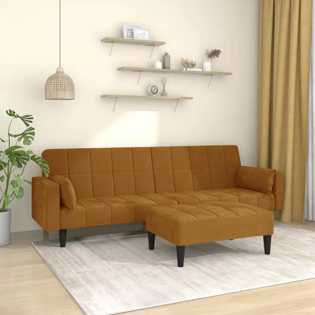 Vidaxl Schlafsofa 2-sitzer Mit 2 Kissen & Hocker Braun Samt günstig online kaufen