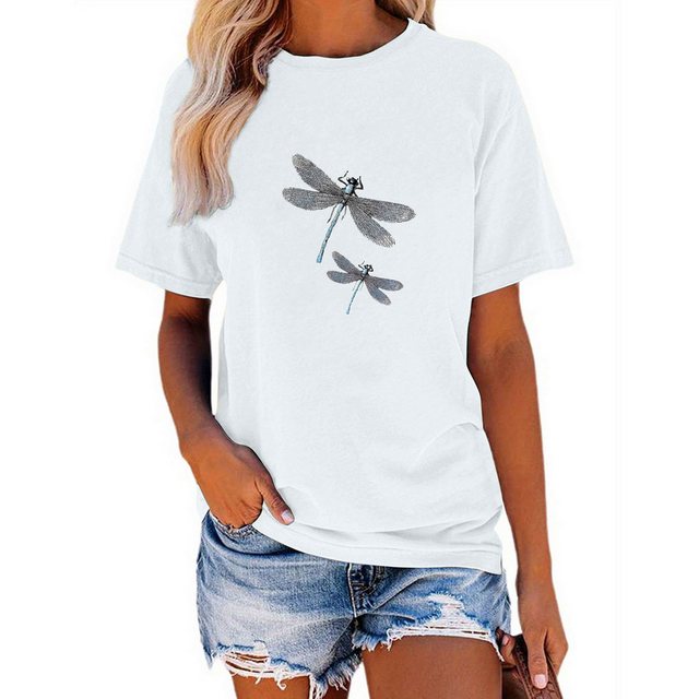 PYL Kurzarmshirt Damen Sommer Kurzarmbluse Locker Libelle Print-Shirt günstig online kaufen