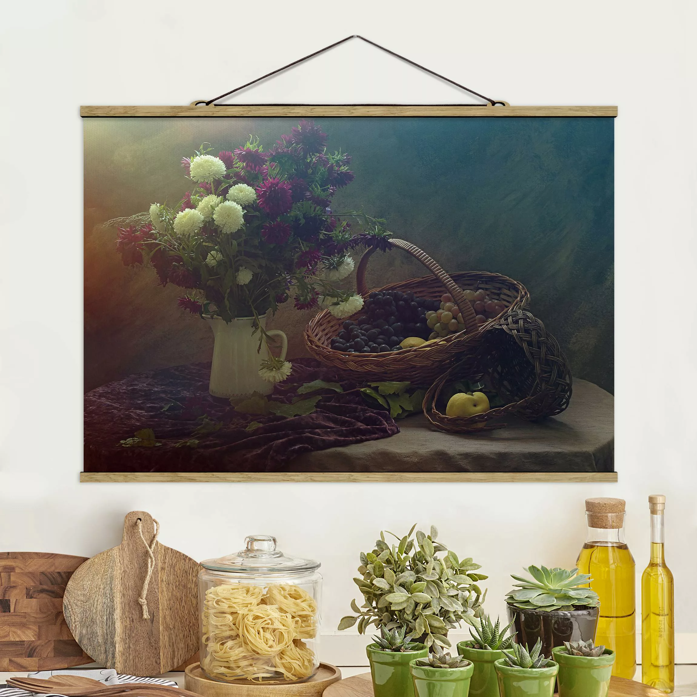 Stoffbild Blumen mit Posterleisten - Querformat Stillleben mit Blumenvase günstig online kaufen