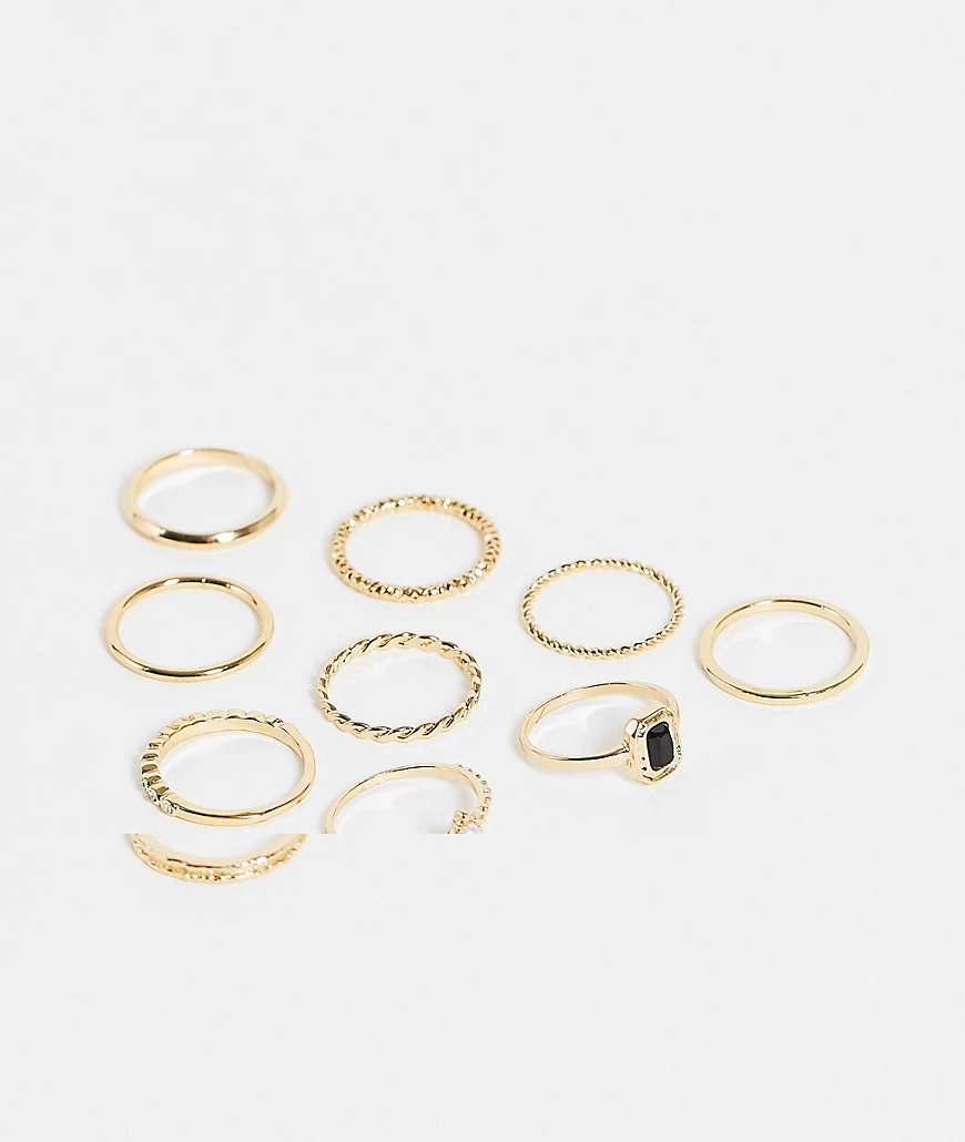 Topshop – 9er-Pack Ringe in Gold mit Zierstein in Schwarz und Perlen-Goldfa günstig online kaufen