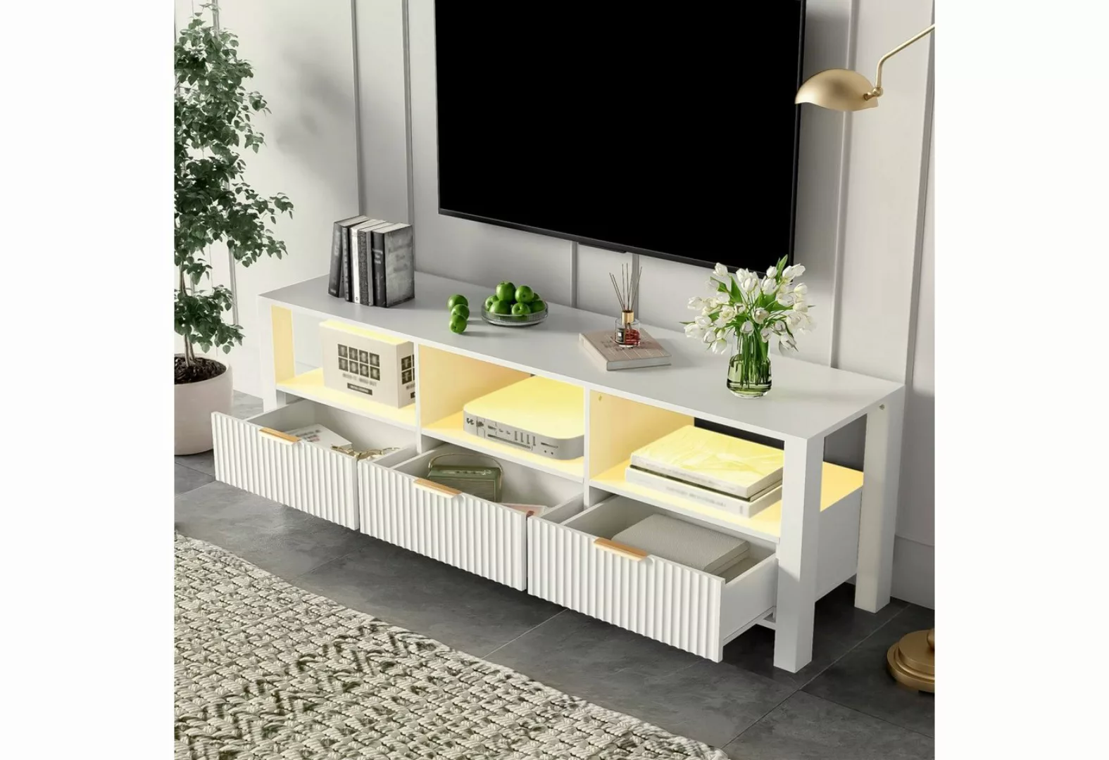 Furnishings Home TV-Schrank Weißer Schrank mit LED-Leuchten und 3 Fächern u günstig online kaufen