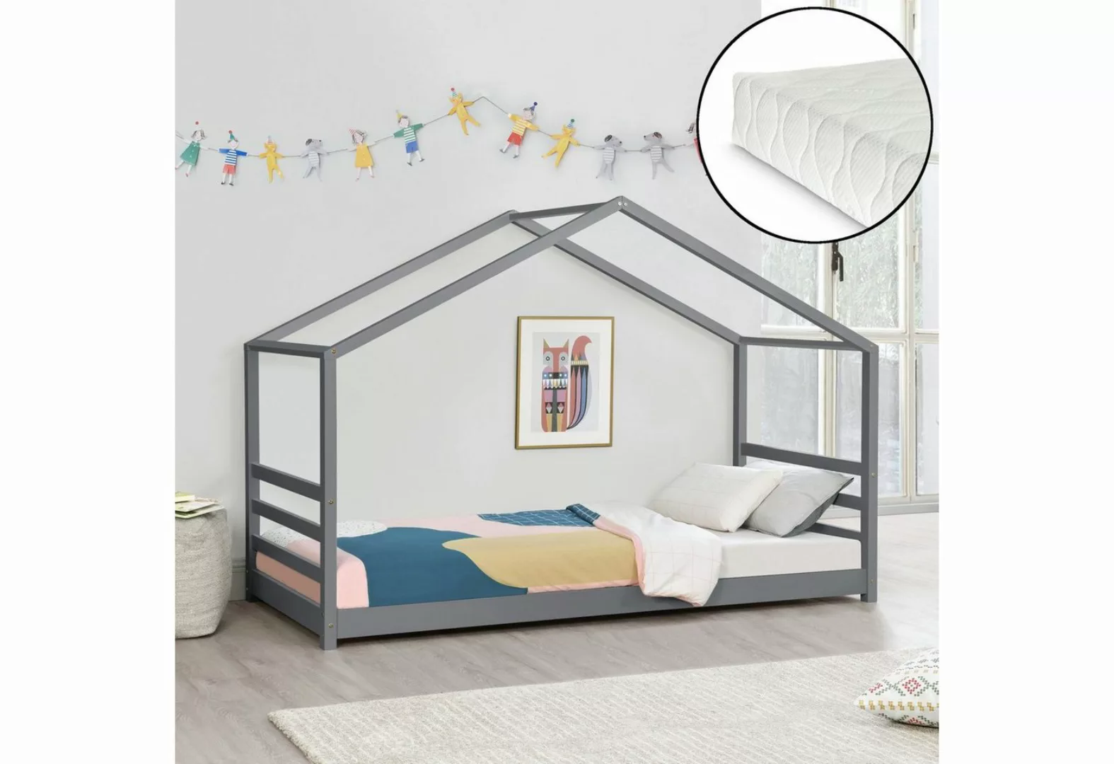en.casa Kinderbett, Vardø Hausbett mit Matratze 90x200cm Dunkelgrau günstig online kaufen