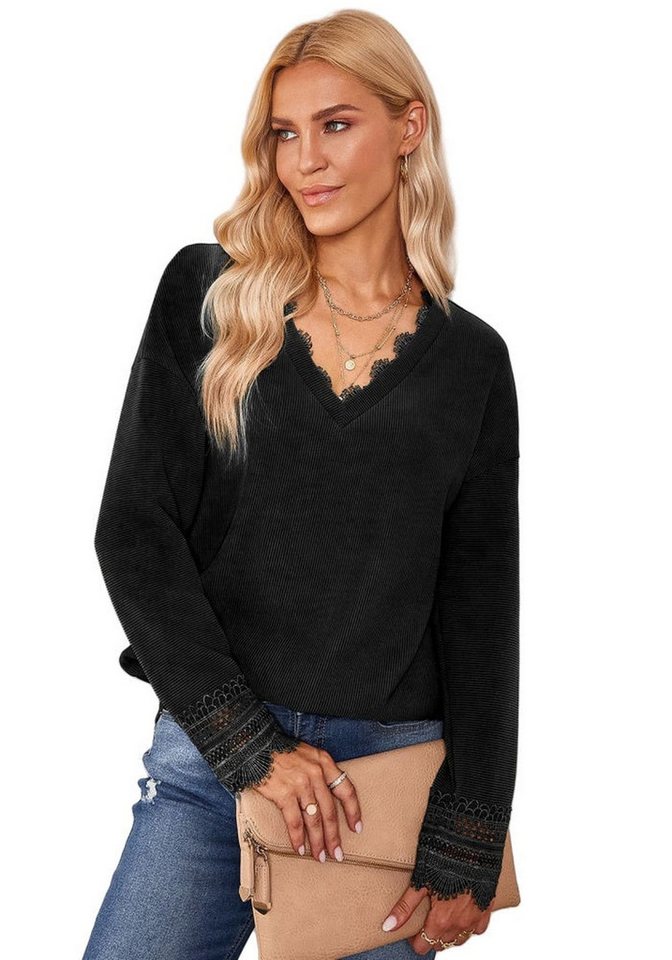 Nebelmeer Strickpullover Top Herbst Damenbekleidung Strick Spitzen V-Aussch günstig online kaufen