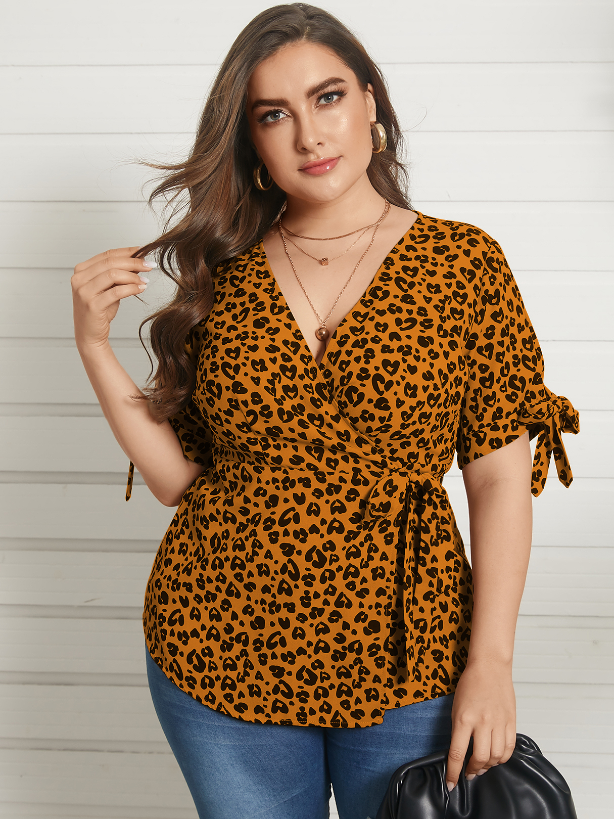 YOINS Plus Größe V-Ausschnitt Leopard Wrap Design Kurzarm Bluse günstig online kaufen