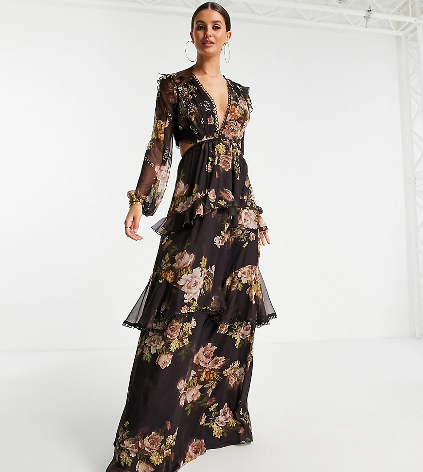 ASOS DESIGN Tall – Langärmliges Maxikleid in Beere geblümt mit Besatz in ru günstig online kaufen