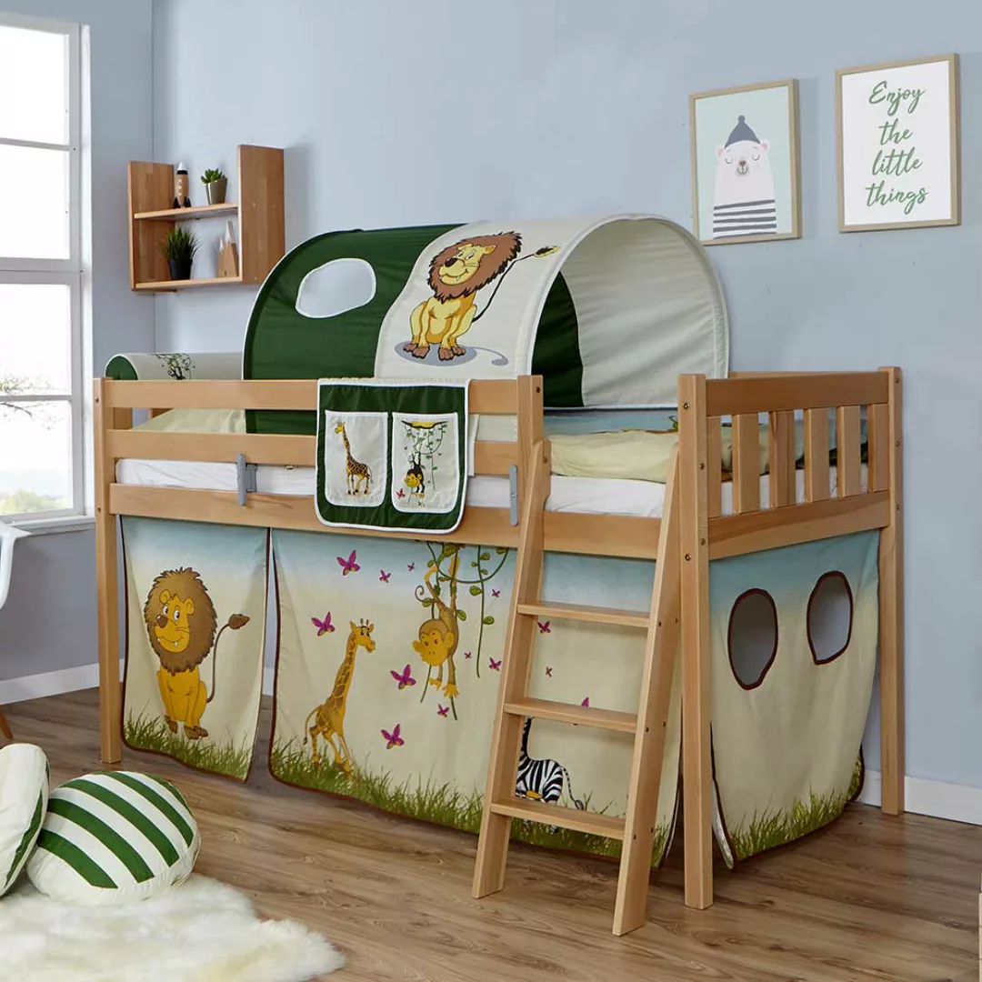 Kinderhochbett aus Buche Massivholz Webstoff in Bunt günstig online kaufen