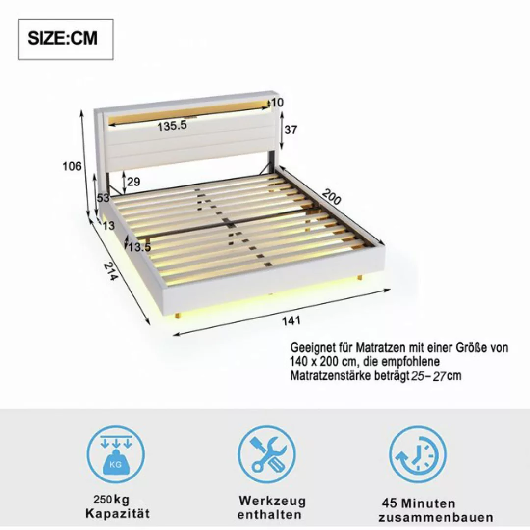 Flieks Polsterbett, LED Doppelbett 140x200cm mit USB-Laden und Stauraum am günstig online kaufen