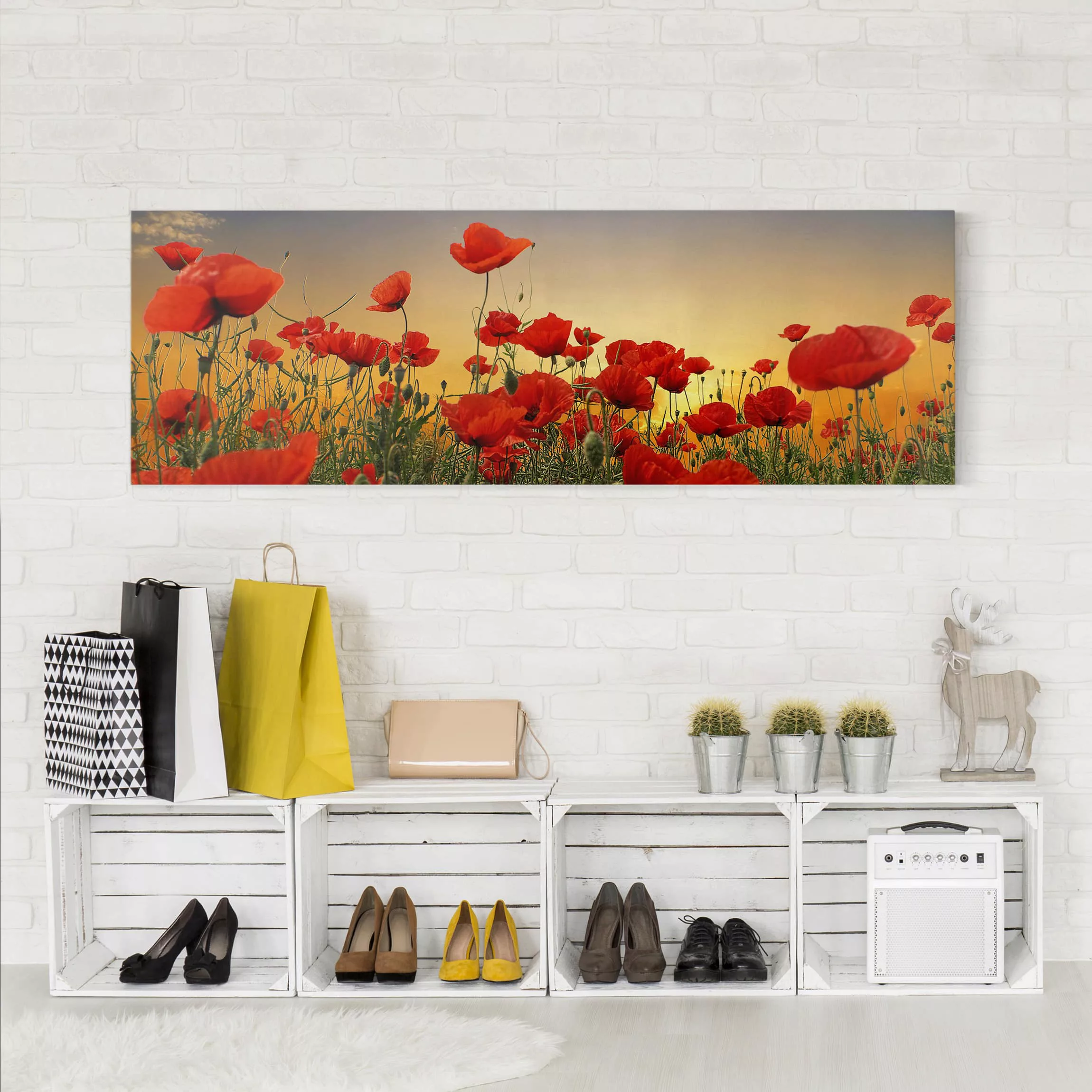 Leinwandbild Blumen - Panorama Mohnblumenfeld im Sonnenuntergang günstig online kaufen