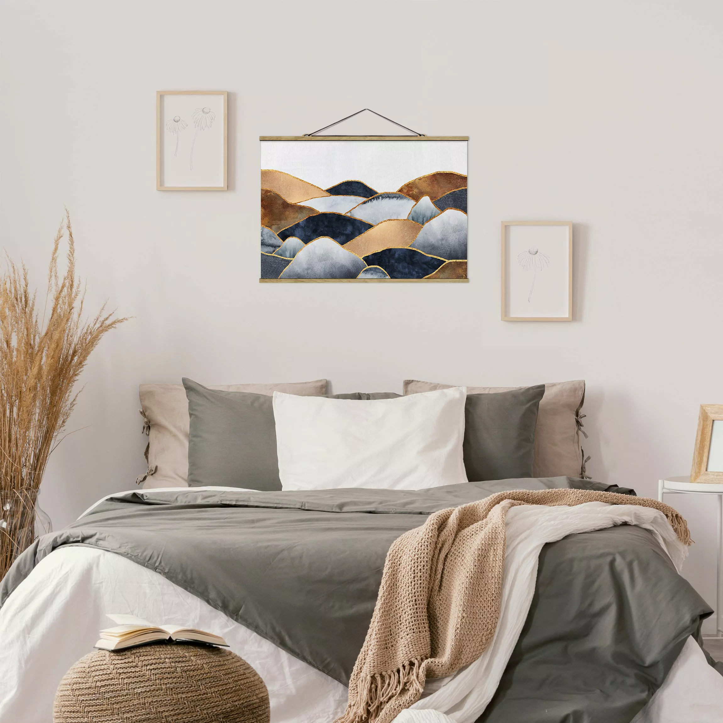 Stoffbild Abstrakt mit Posterleisten - Querformat Goldene Berge Aquarell günstig online kaufen