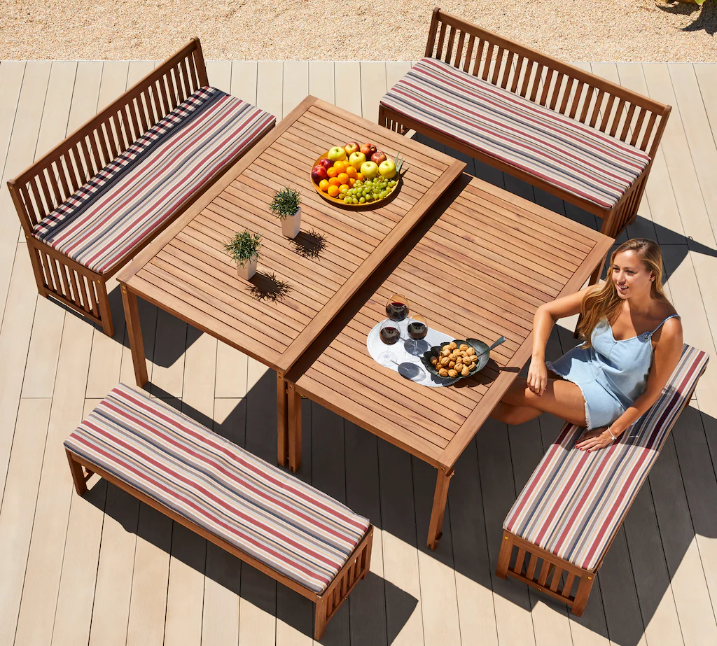 MERXX Garten-Essgruppe "Hawaii", (4x Bänke, 2x Tische, 4x Sitzkissen) günstig online kaufen