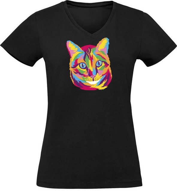 MyDesign24 T-Shirt Damen Katzen Print Shirt bedruckt - Katze in Ölfarben V- günstig online kaufen