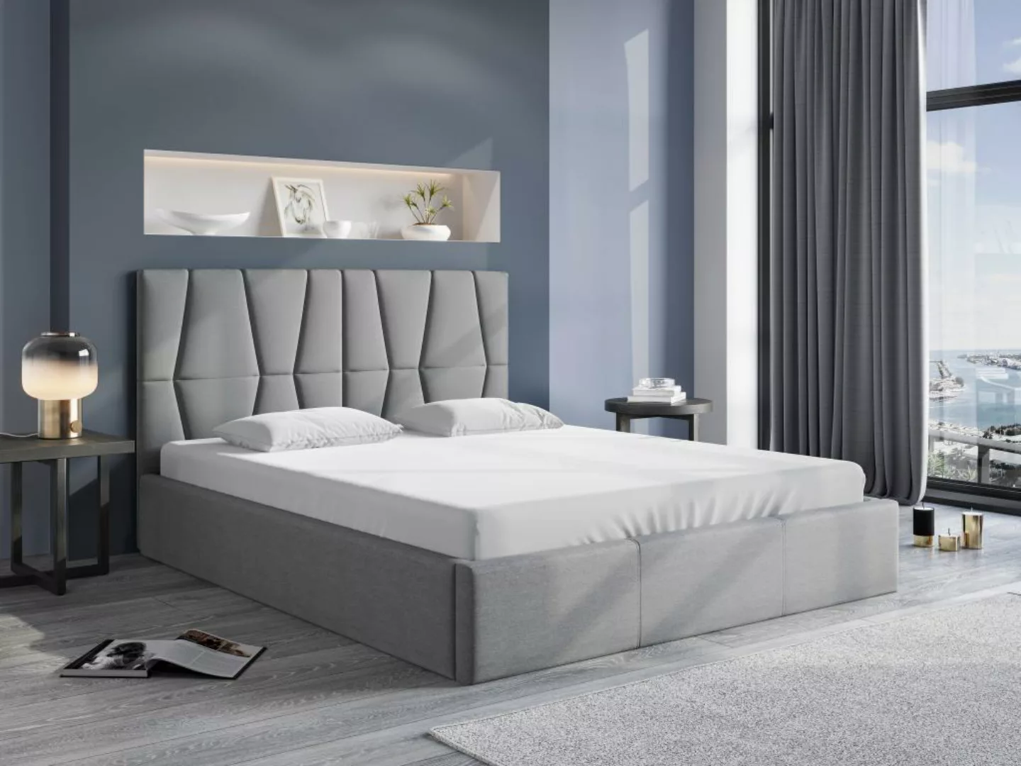 Polsterbett mit Bettkasten 140 x 190 cm - Stoff - Grau + Matratze - ENIALI günstig online kaufen