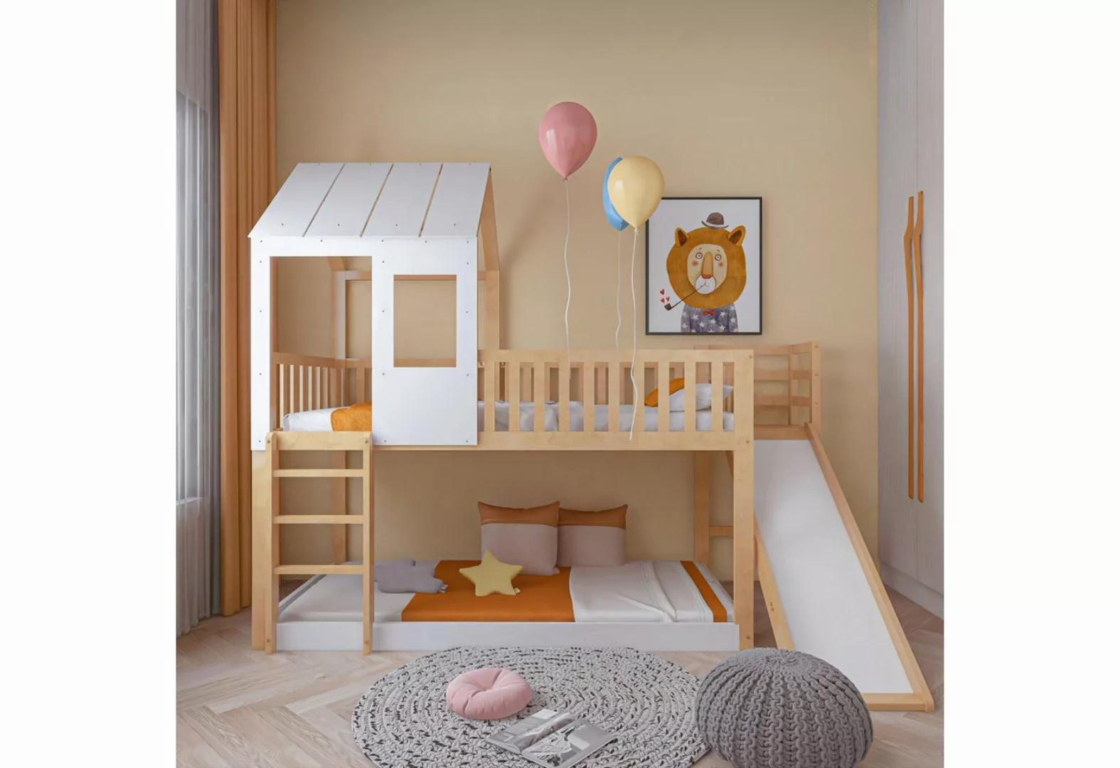IDEASY Etagenbett Kinderbett. 90x200cm, mit Dach und Fenstern, mit Treppe u günstig online kaufen