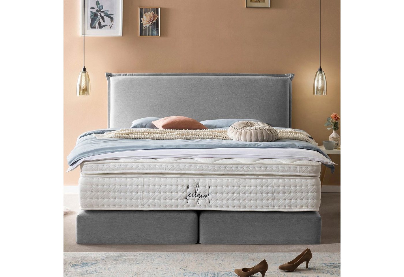 BettCo Boxspringbett London (in Hellgrau Webstoff, 160 x 200 cm), Kopfteil günstig online kaufen