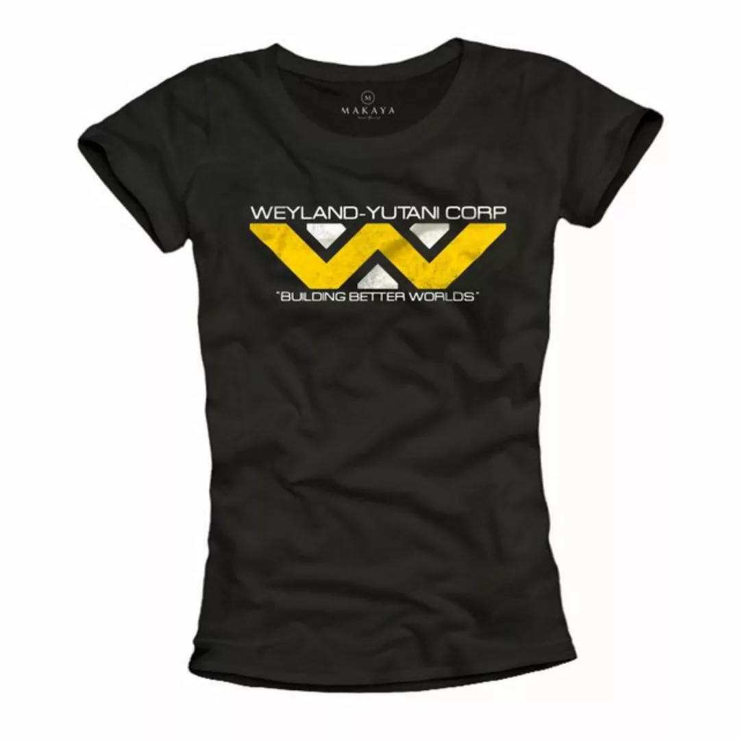 MAKAYA Print-Shirt Damen Schwarz Kurzarm Top Alien Motiv Weyland Corp Fraue günstig online kaufen