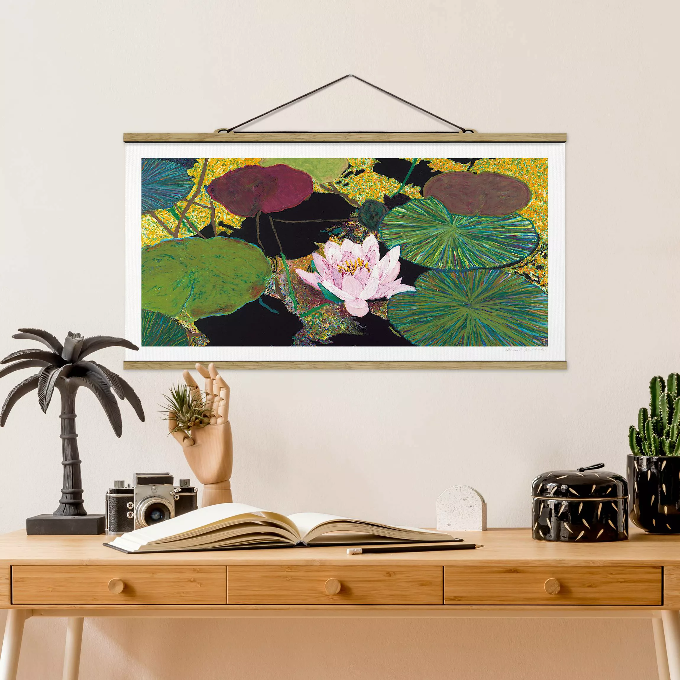 Stoffbild Blumen mit Posterleisten - Querformat Seerose mit Blätterm günstig online kaufen