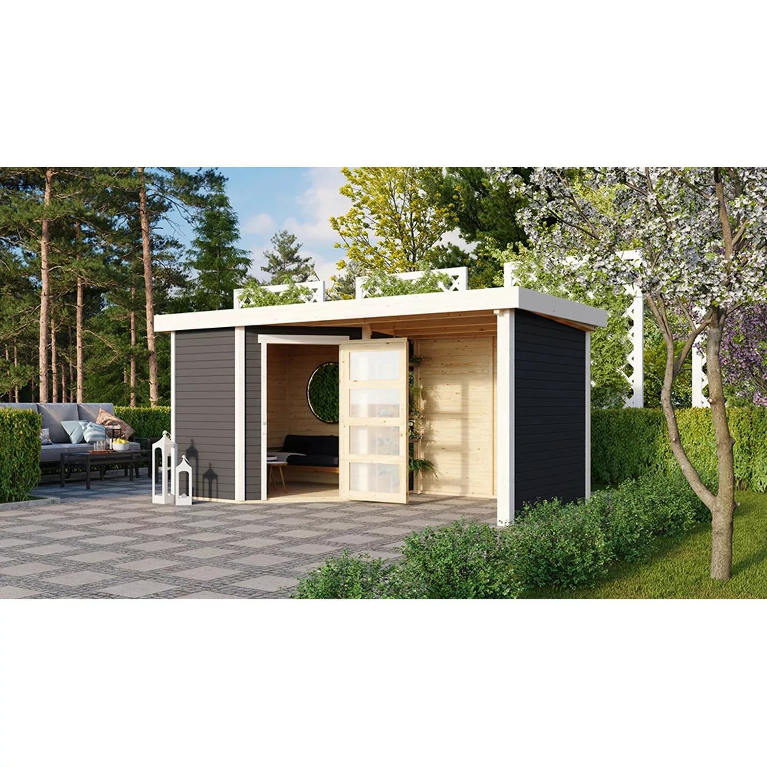 Karibu Holz-Gartenhaus/Gerätehaus Terragrau Flachdach Lackiert 209 cm x 213 günstig online kaufen