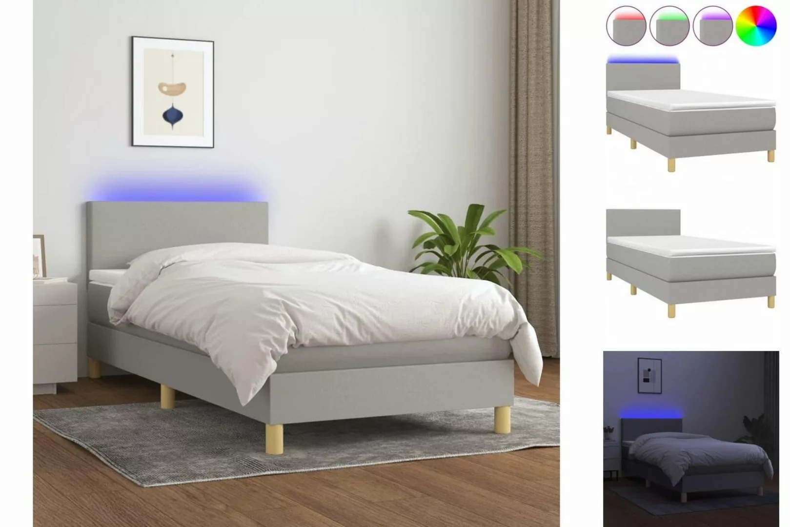 vidaXL Bettgestell Boxspringbett mit Matratze LED Hellgrau 90x200 cm Stoff günstig online kaufen