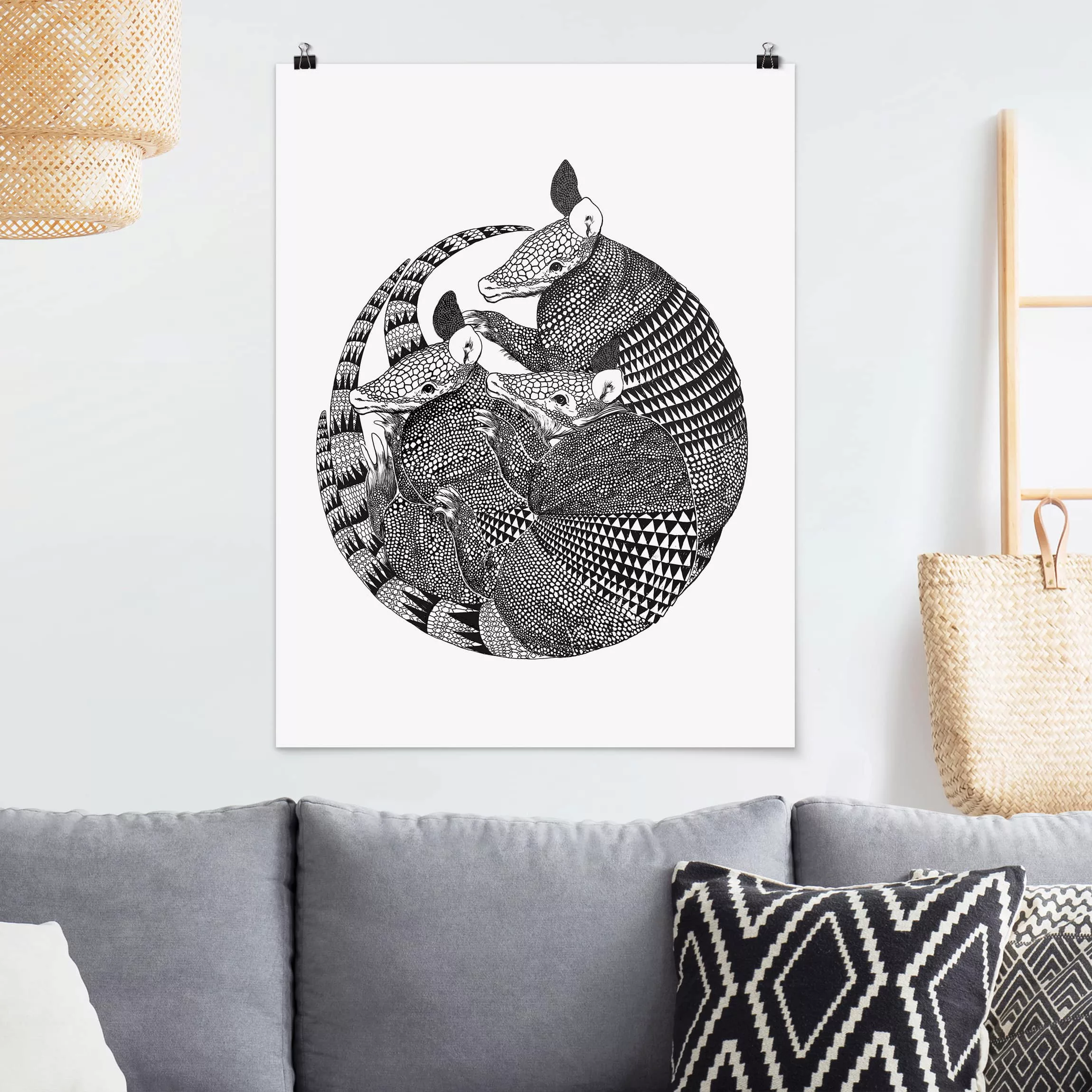 Poster Tiere - Hochformat Illustration Gürteltiere Schwarz Weiß Muster günstig online kaufen