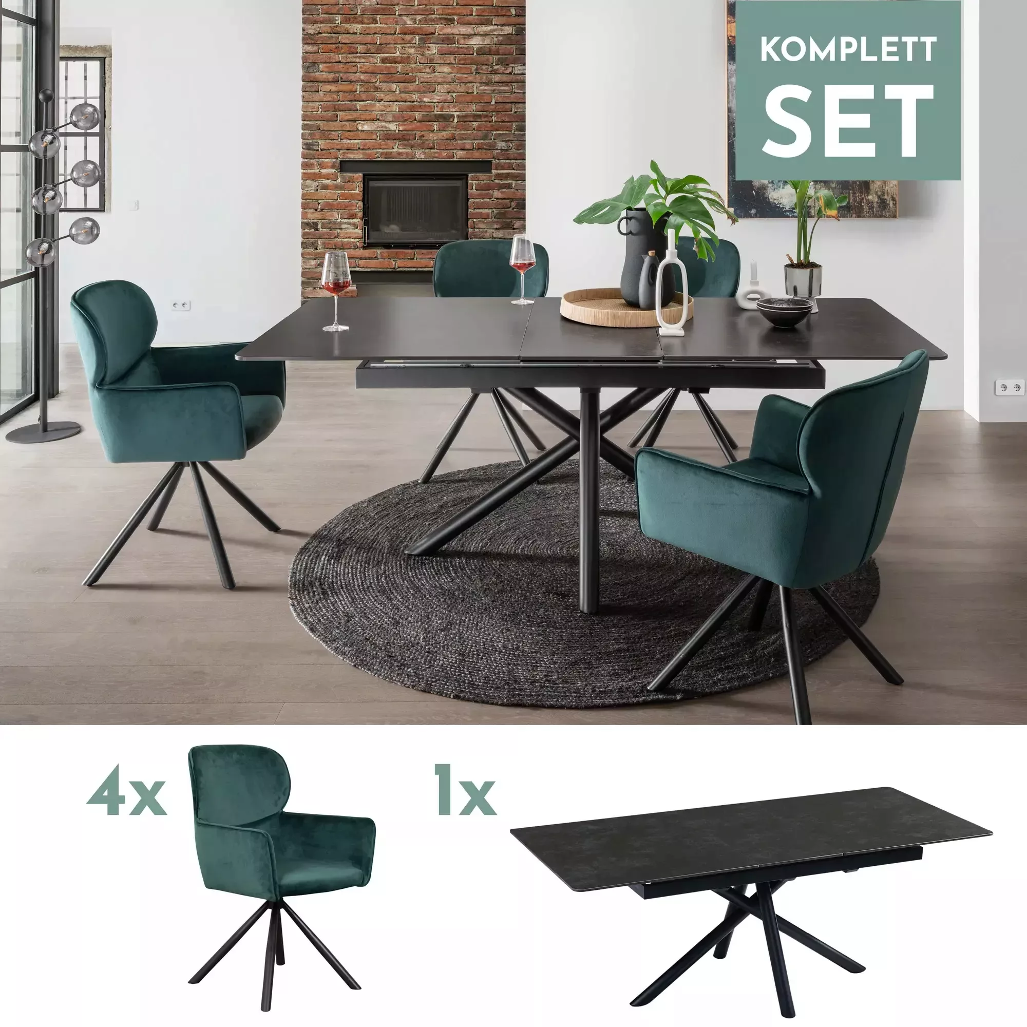 Indoormöbelset Sessel Rimini dunkelgrün und Ausziehtisch Imperia dark grey günstig online kaufen