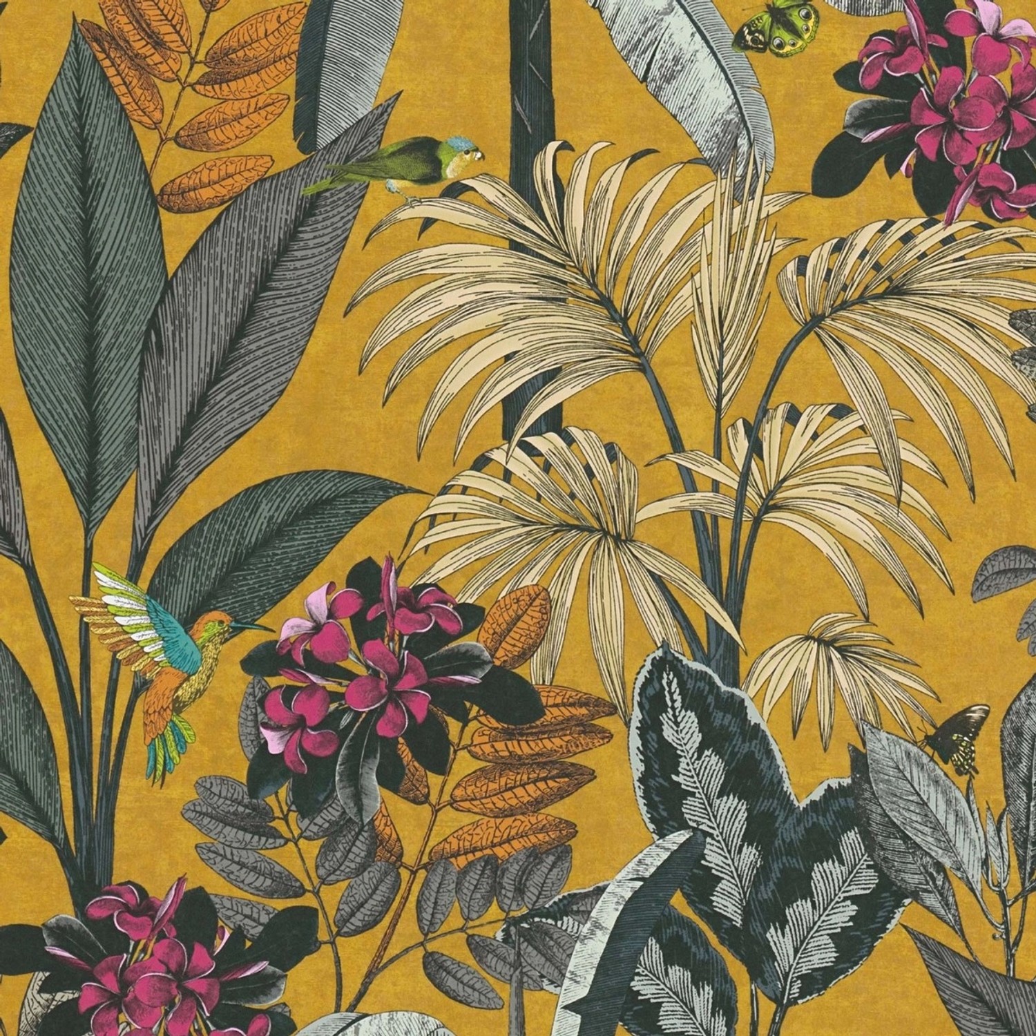 Bricoflor Dschungel Tapete Petrol Bunt Palmenblätter Vliestapete mit Blumen günstig online kaufen