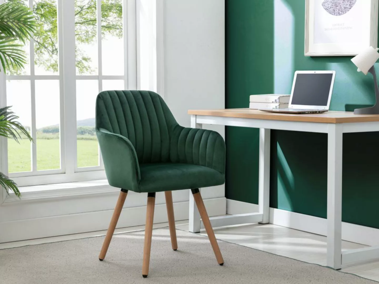 Stuhl mit Armlehnen - Samt & Metall in Holzoptik - Dunkelgrün - ELEANA günstig online kaufen