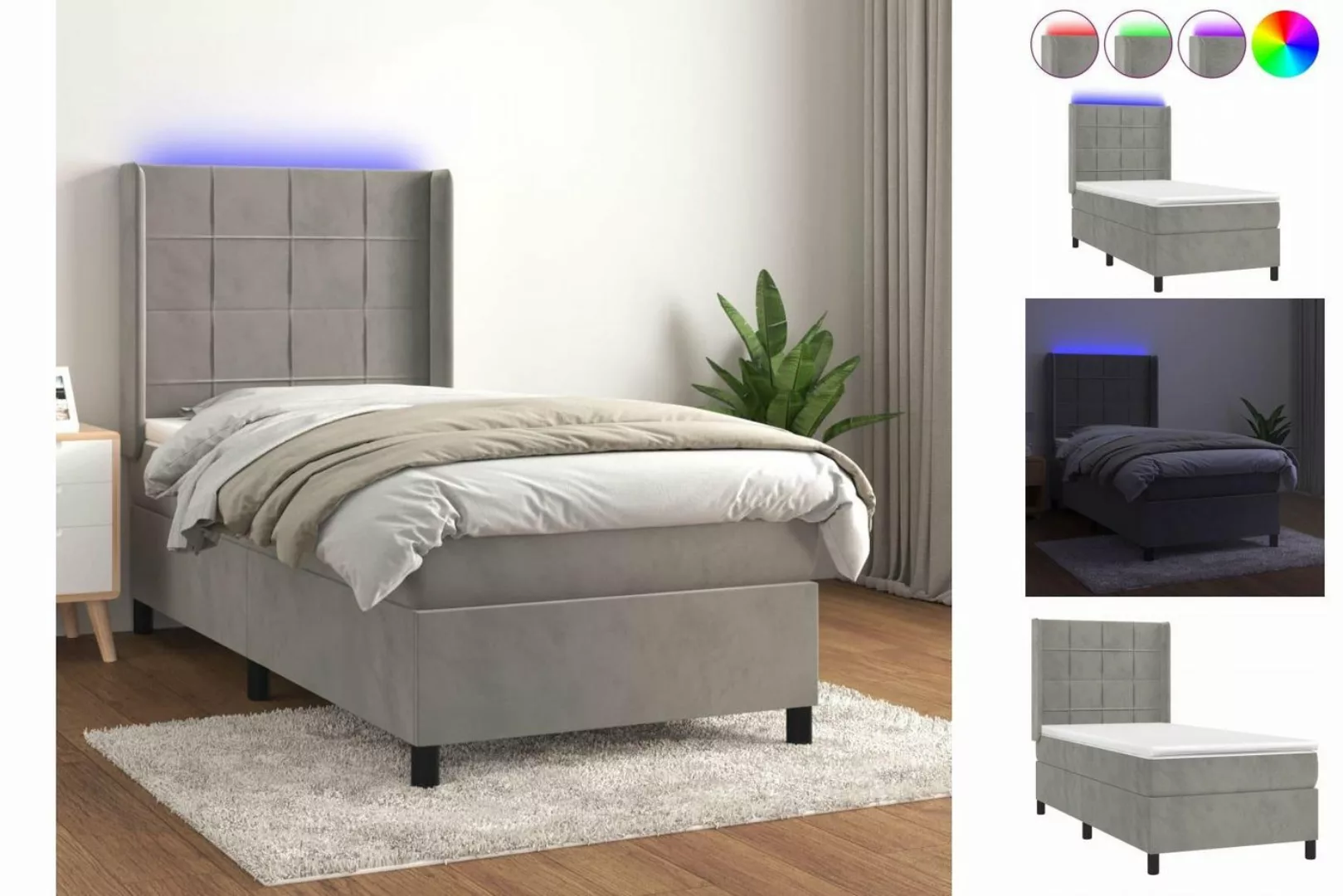 vidaXL Bettgestell Boxspringbett mit Matratze LED Hellgrau 80x200 cm Samt B günstig online kaufen