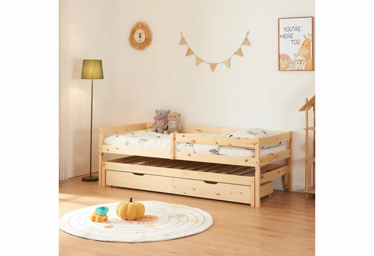 en.casa Kinderbett, »Sonkajärvi« mit 2 Bettkästen 90x200cm Kiefernholz Natu günstig online kaufen