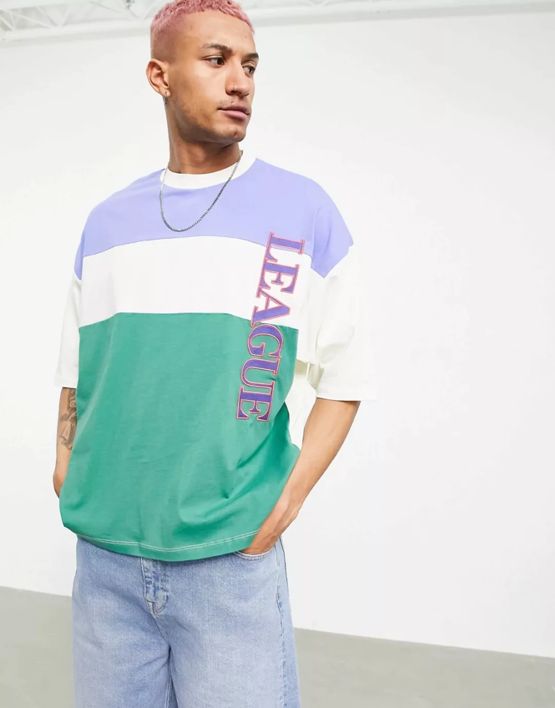 ASOS DESIGN – Oversize-T-Shirt im Blockfarbendesign mit Textprint-Mehrfarbi günstig online kaufen