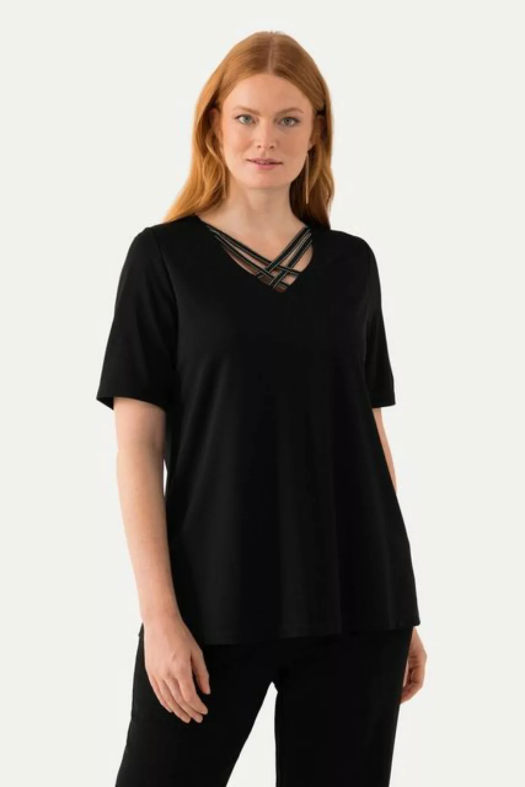 Ulla Popken Rundhalsshirt T-Shirt Zierbänder A-Linie V-Ausschnitt Halbarm günstig online kaufen