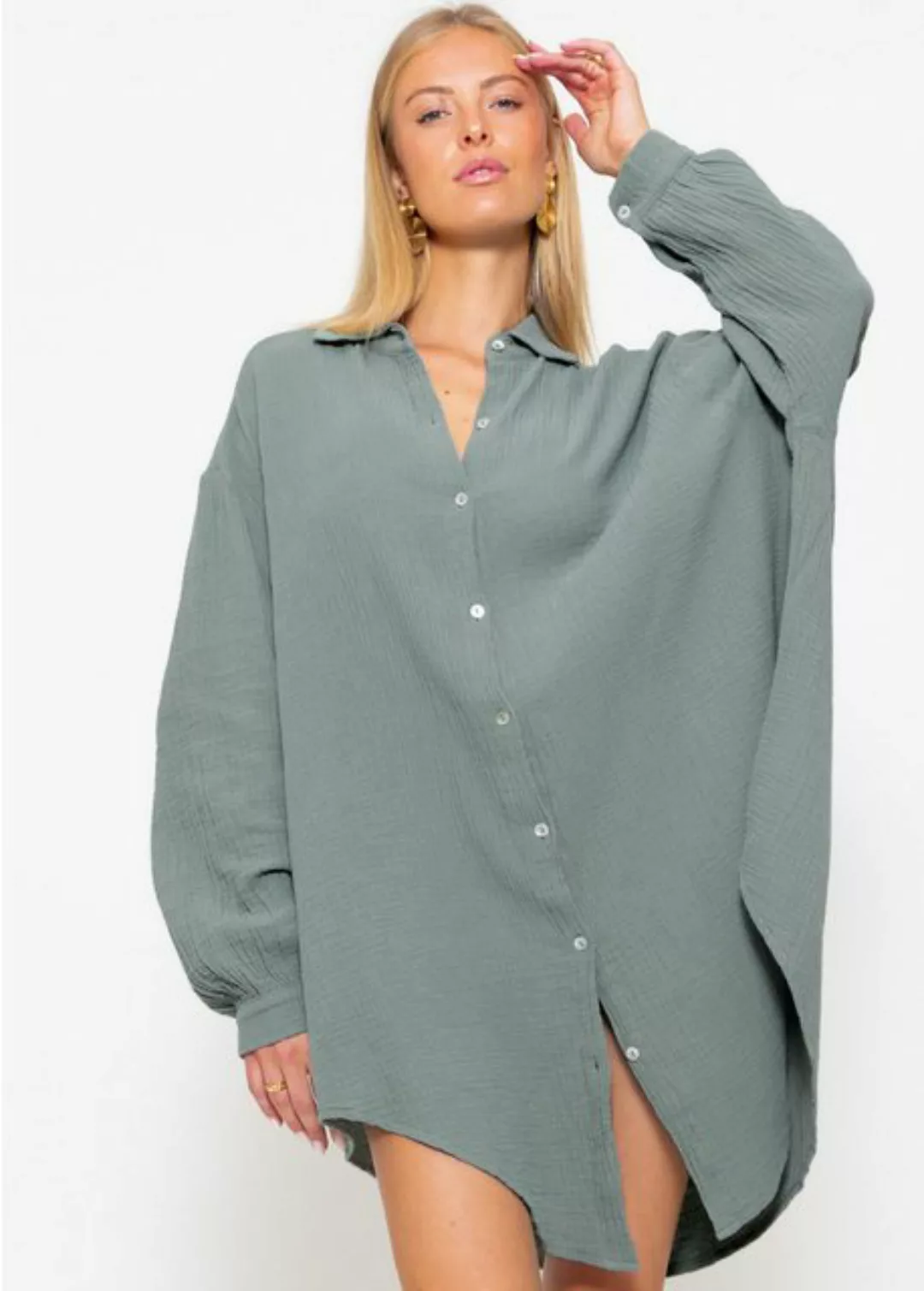 SASSYCLASSY Longbluse Oversize Musselin Bluse Damen Langarm Elegant Hemdblu günstig online kaufen