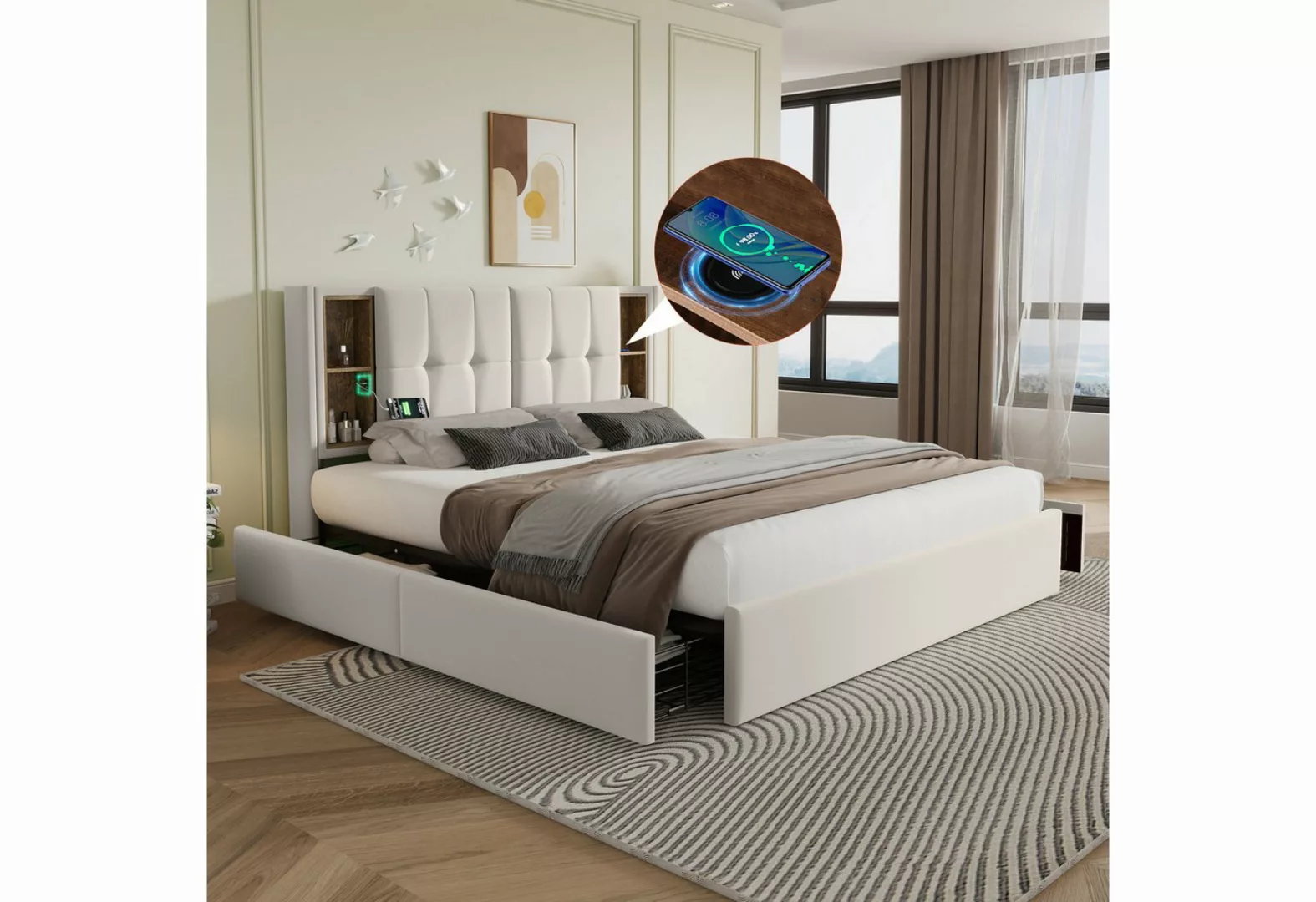 WISHDOR Polsterbett Doppelbett (4 Schubladen, ohne Matratze), mit Kabellose günstig online kaufen