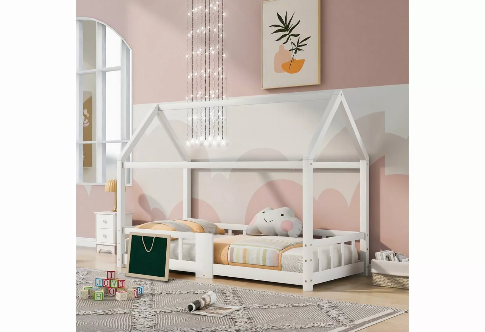 Flieks Kinderbett, Kiefernholz Hausbett mit Tafel und Rausfallschutz 90x200 günstig online kaufen