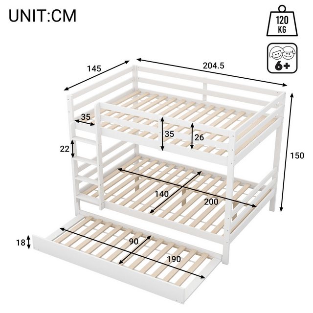 Ulife Etagenbett Kinderbett Jugendbett Dreibett mit Ausziehbett 140x200cm/9 günstig online kaufen