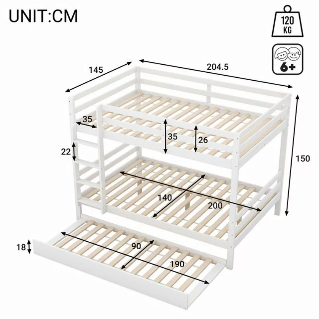 Flieks Etagenbett, Massivholz Kinderbett Doppelbett 140x200cm mit Ausziehbe günstig online kaufen