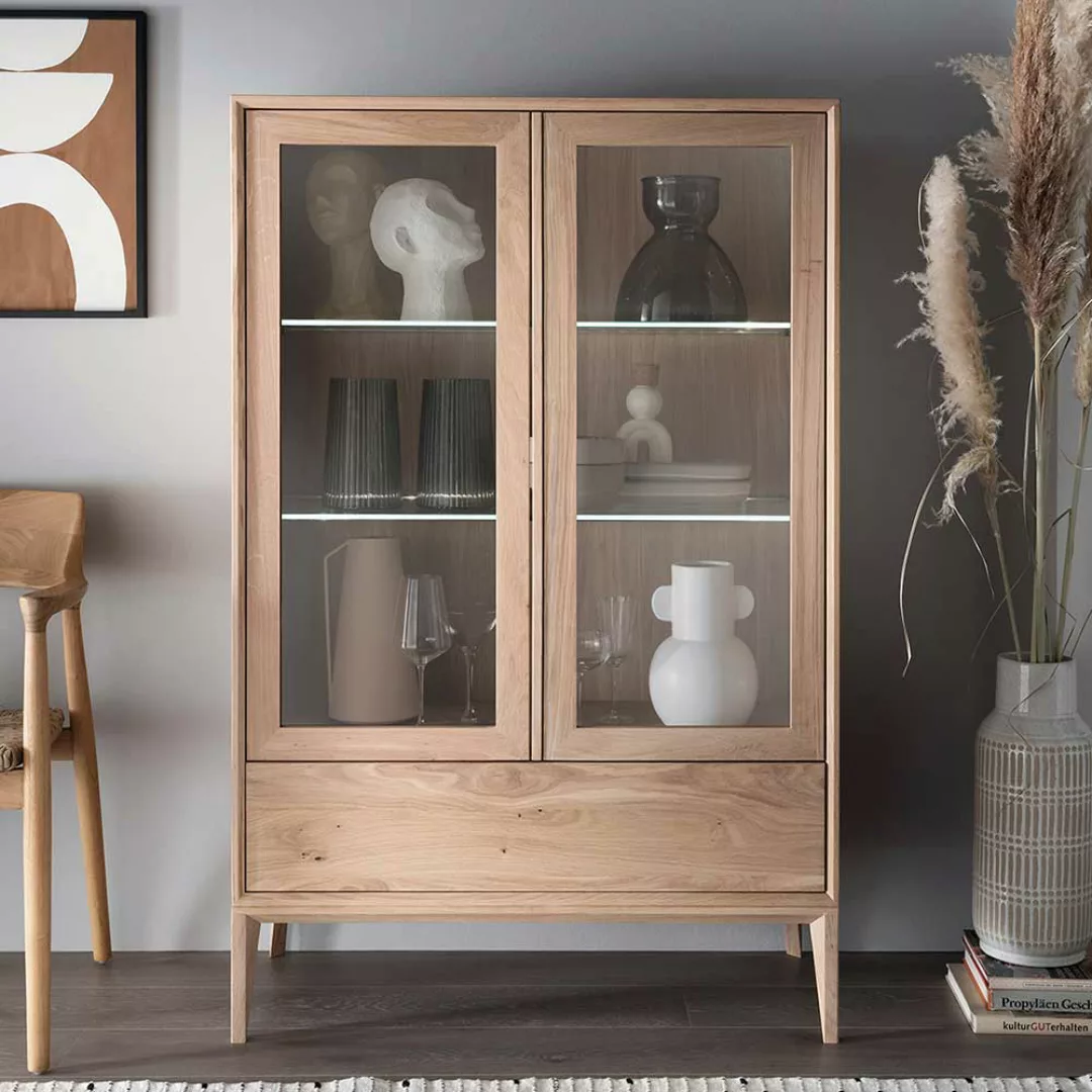 Esszimmer Highboard Vitrine im Skandi Design Wildeiche Massivholz günstig online kaufen