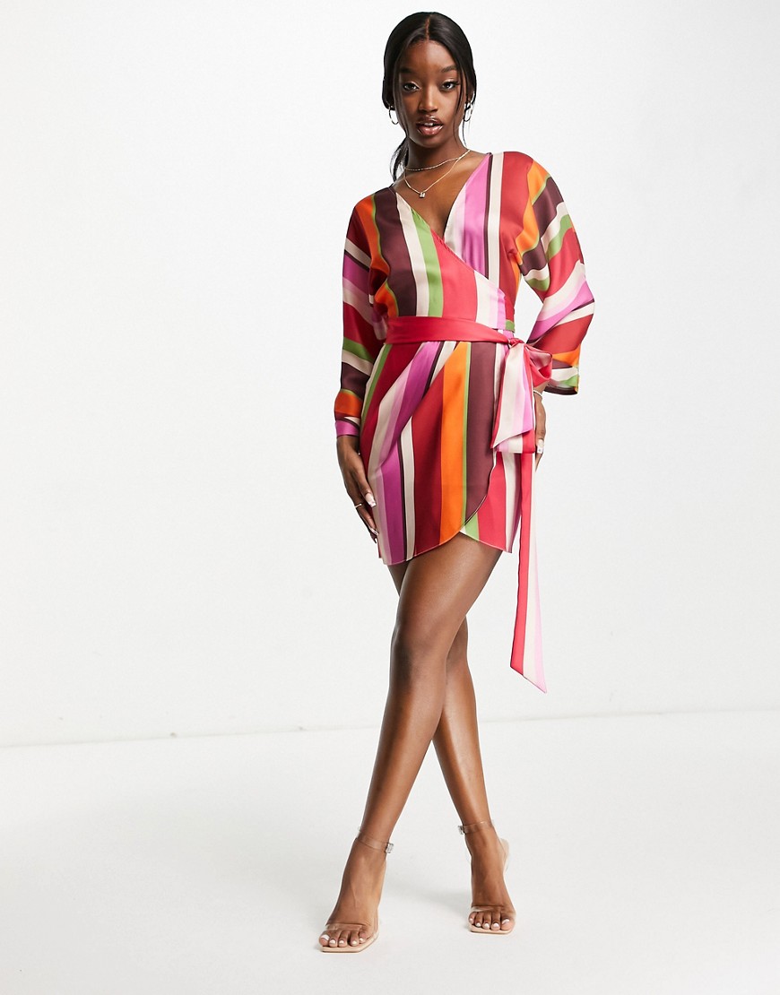 ASOS DESIGN – Mini-Wickelkleid mit Streifenmuster im Stil der 70er-Jahre-Me günstig online kaufen