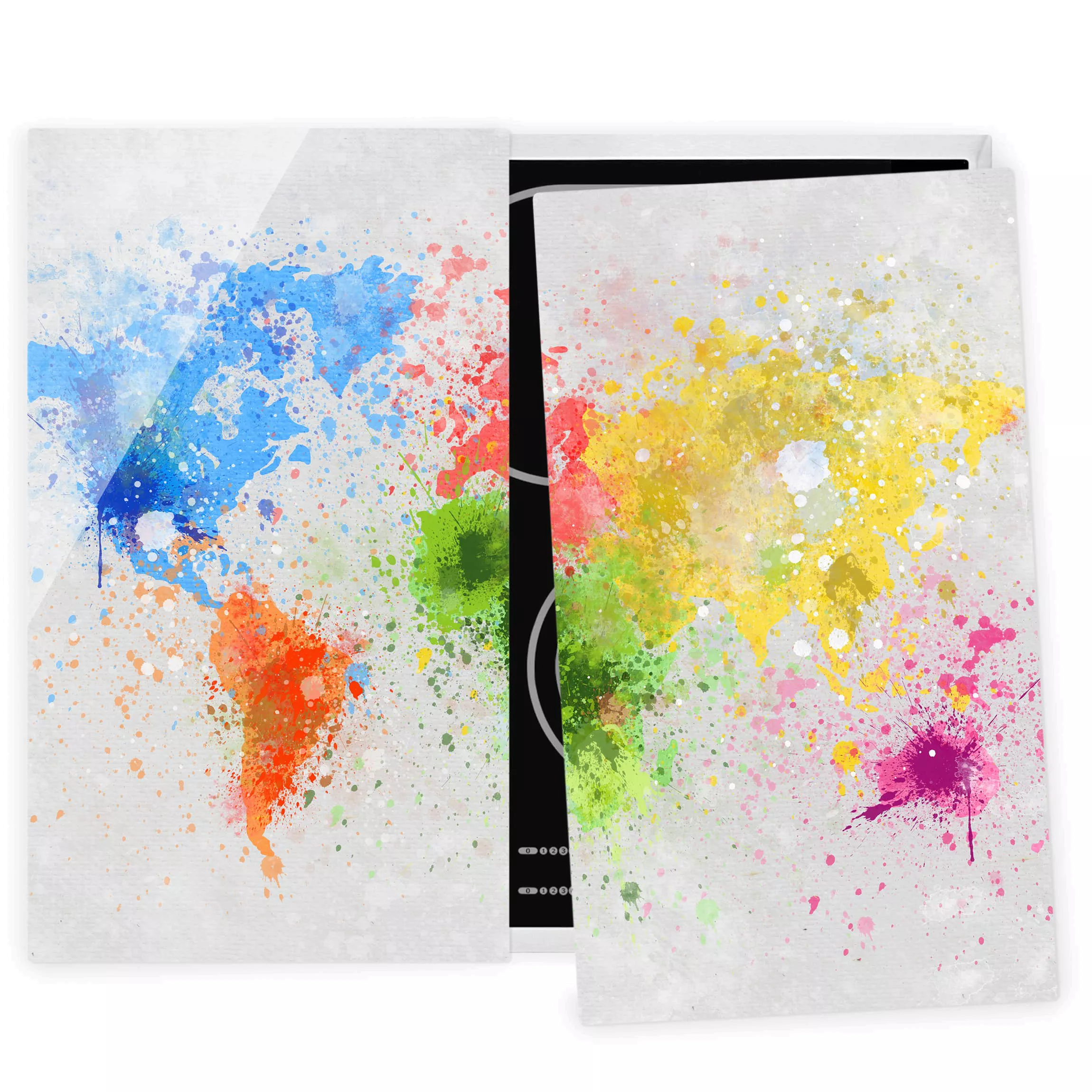 2-teilige Herdabdeckplatte Glas Bunte Farbspritzer Weltkarte günstig online kaufen