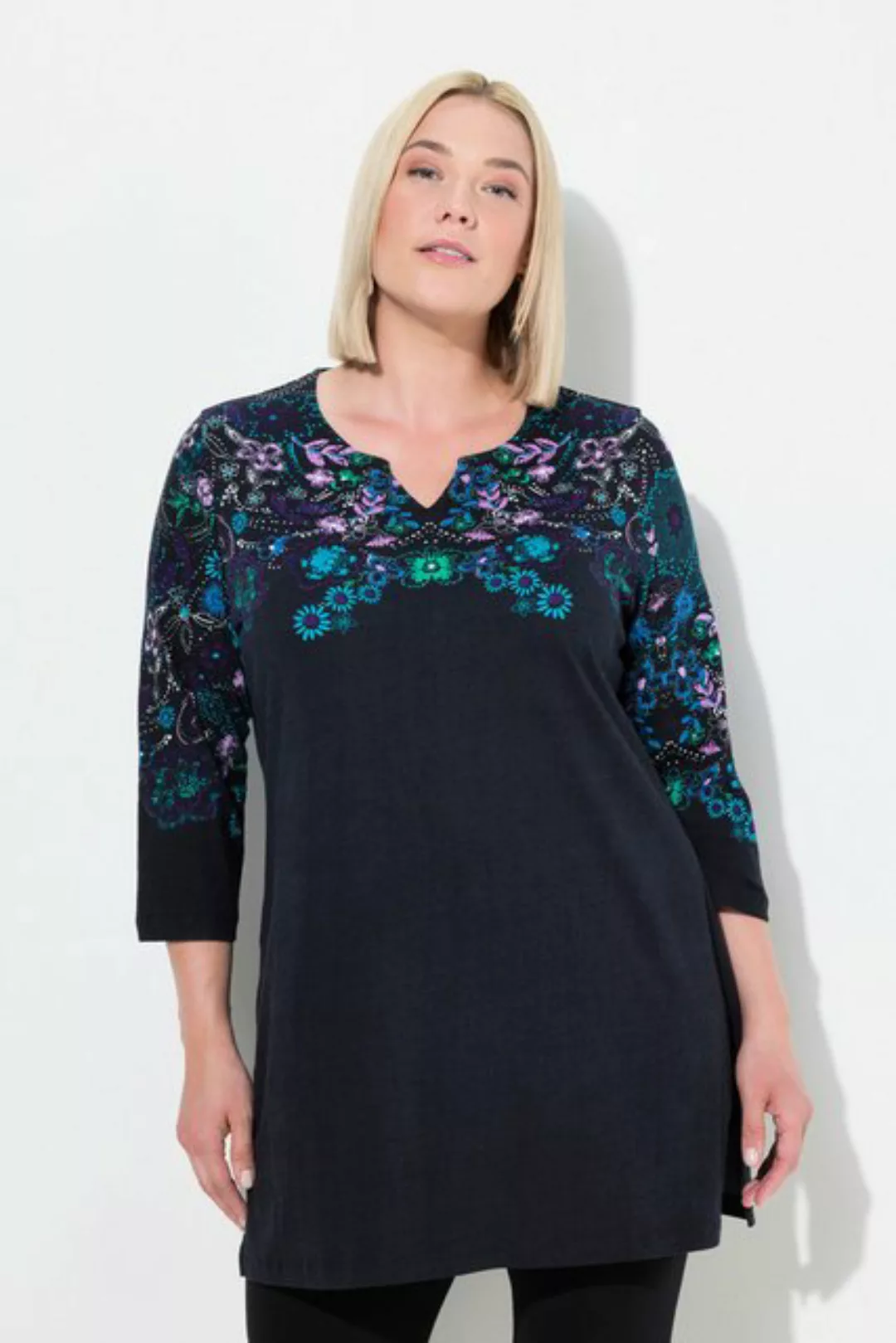 Ulla Popken Longshirt Longshirt A-Linie Schulter-Print 3/4-Ärmel günstig online kaufen