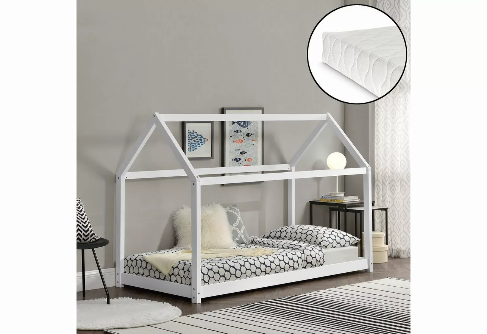 en.casa Kinderbett, »Netstal« Hausbett mit Kaltschaummatratze 90x200cm Weiß günstig online kaufen