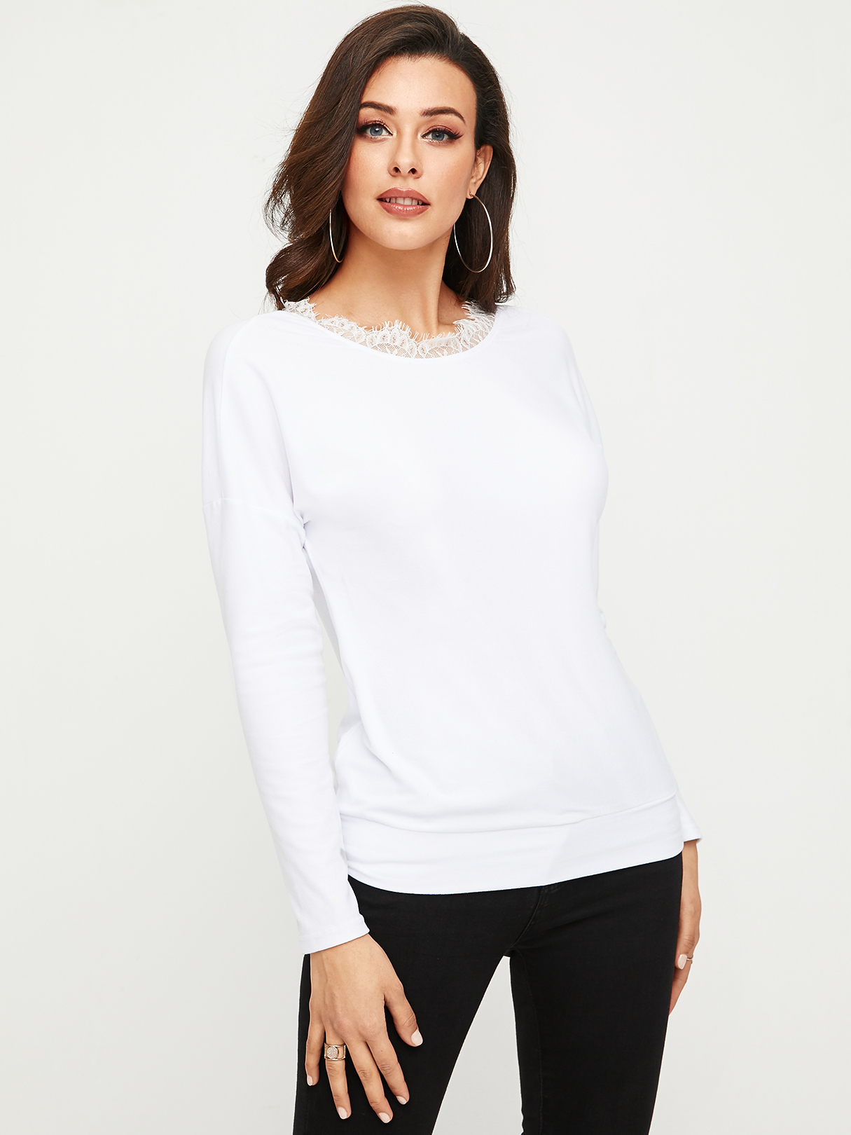 YOINS BASICS Weißes rückenfreies Design Rundhals-Langarm-T-Shirt günstig online kaufen