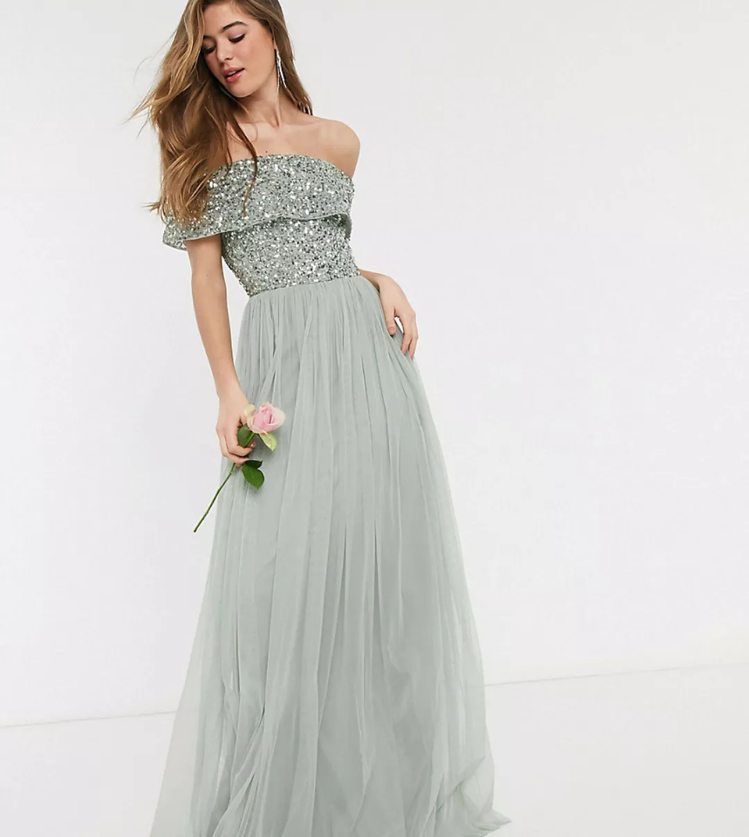 Maya Tall – Bridesmaid – Maxi-Tüllkleid mit Bardot-Ausschnitt und filigrane günstig online kaufen
