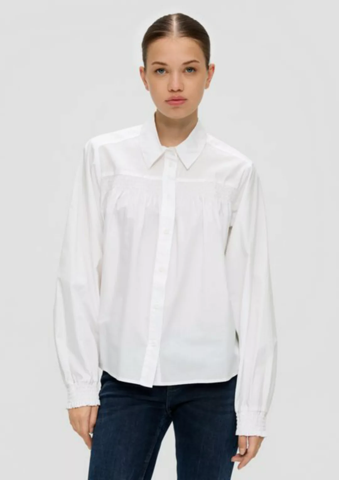 QS Langarmbluse Hemdbluse aus Baumwolle Raffung, Smok-Detail, Logo günstig online kaufen