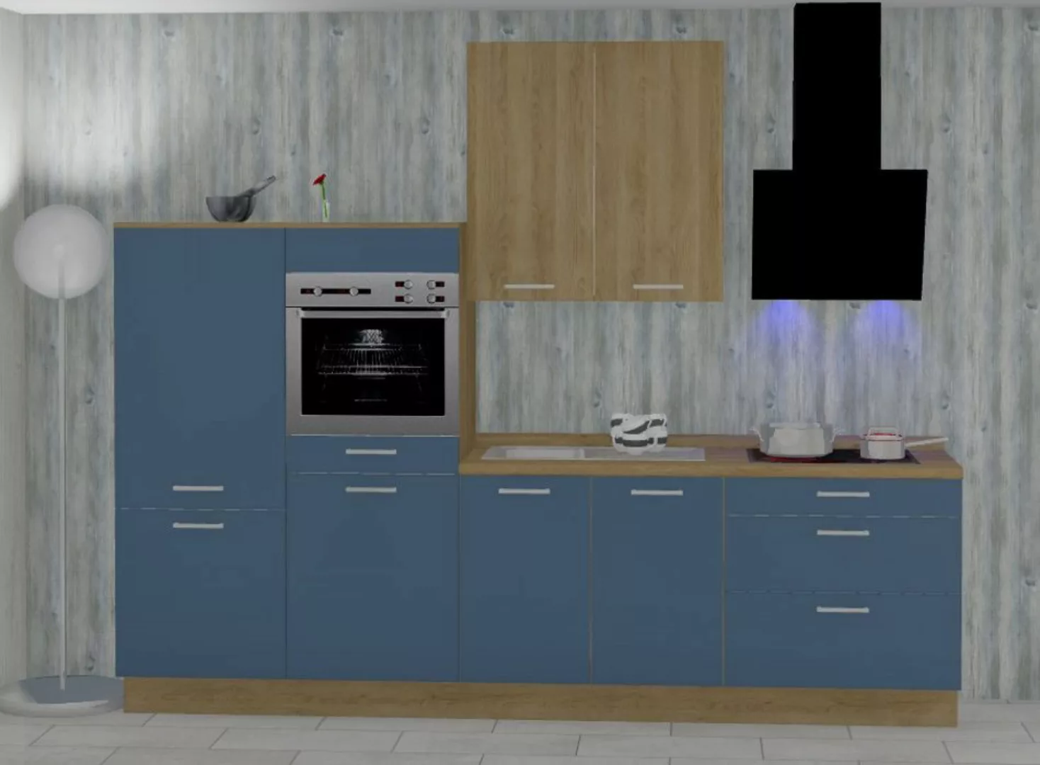 Einbauküche MANKATREND 61 in Blau / Eiche - Schränke montiert/ Küchenzeile günstig online kaufen