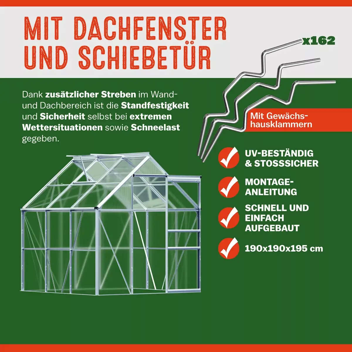 Alu Gewächshaus 190x190x195cm mit Dachfenster günstig online kaufen
