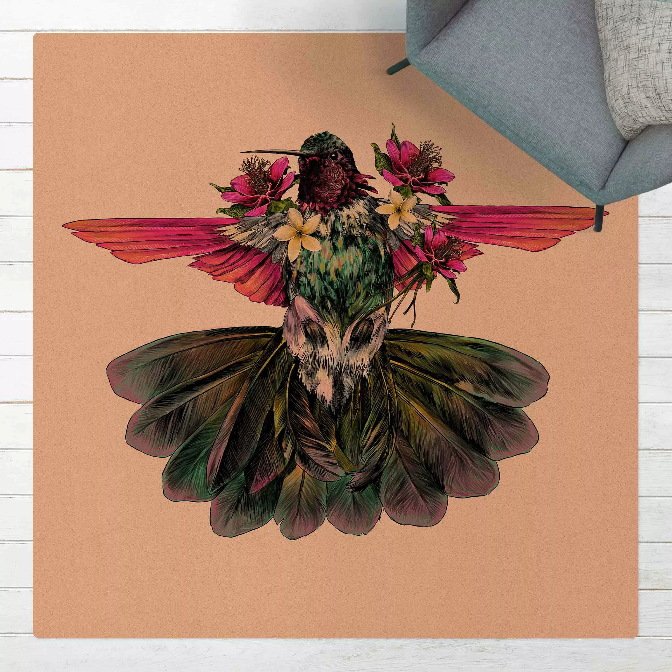 Kork-Teppich Illustration floraler Kolibri günstig online kaufen