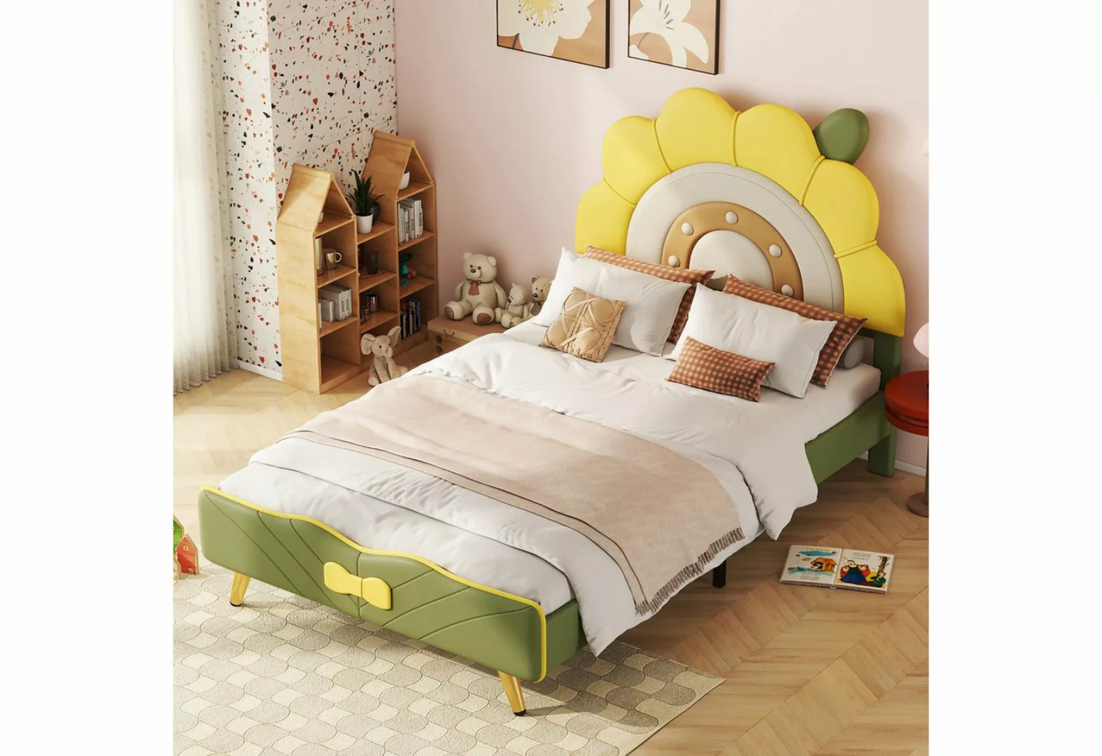 FUROKOY Kinderbett Polsterbett Doppelbett 140*200 cm Flachbett, Sonnenblume günstig online kaufen